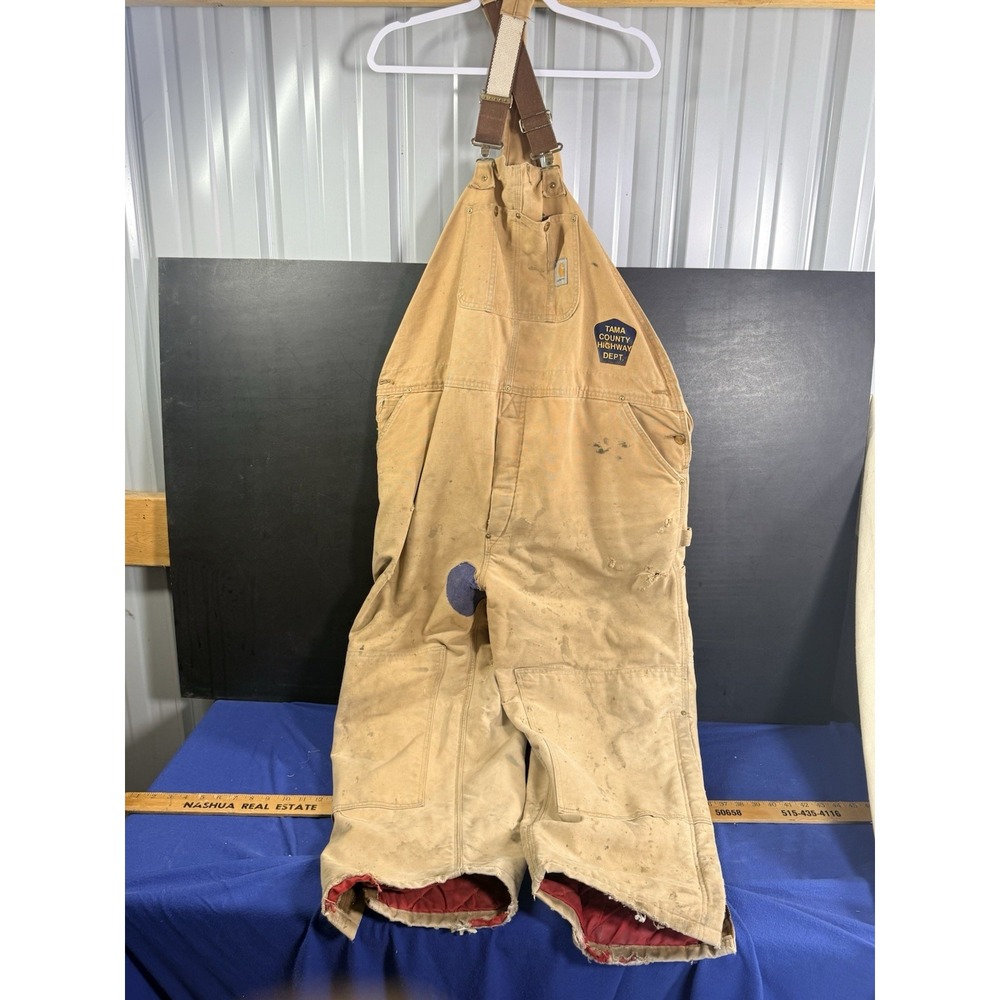 Vintage Carhartt R02 BRN Insulated Bib Overalls 50x28 USA Tama County Highway